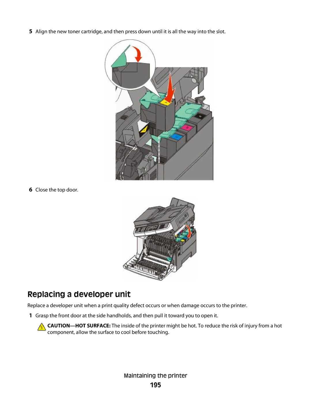 Lexmark 387, 386, 383, 382, 356, 352, 332, 336, 333, 337, 133, 138, 131 manual Replacing a developer unit, 195 