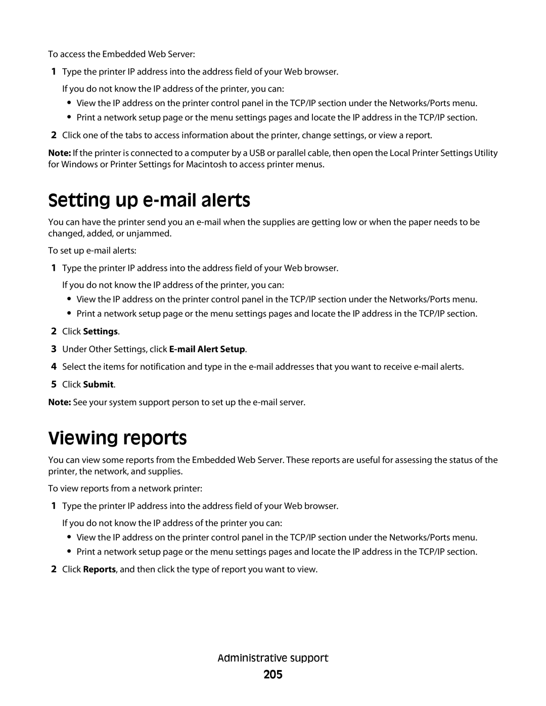 Lexmark 133, 387, 386, 383, 382, 356, 352, 332, 336, 333, 337, 138, 131 manual Setting up e-mail alerts, Viewing reports, 205 