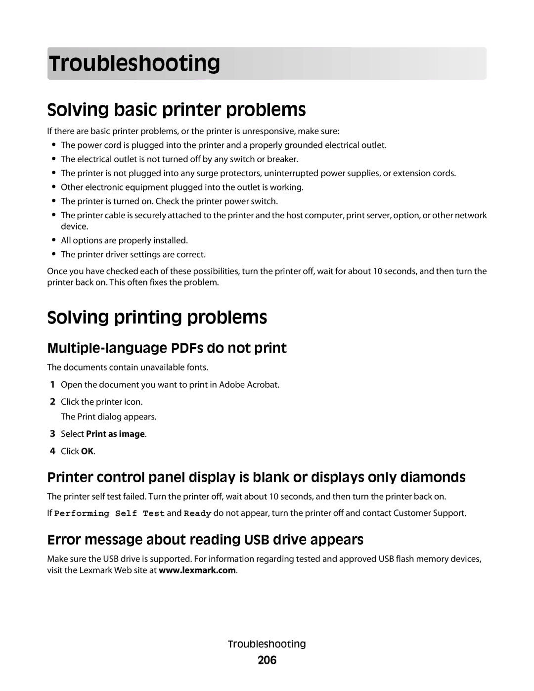 Lexmark 138, 387, 386, 383, 382, 356, 352, 332 Troubleshooting, Solving basic printer problems, Solving printing problems, 206 