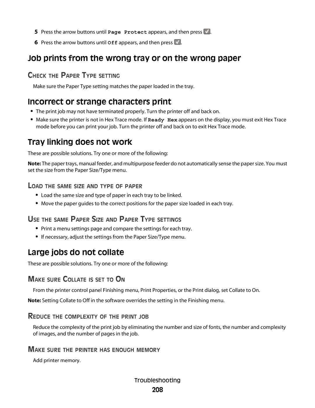 Lexmark 387, 386, 383, 382 Job prints from the wrong tray or on the wrong paper, Incorrect or strange characters print, 208 