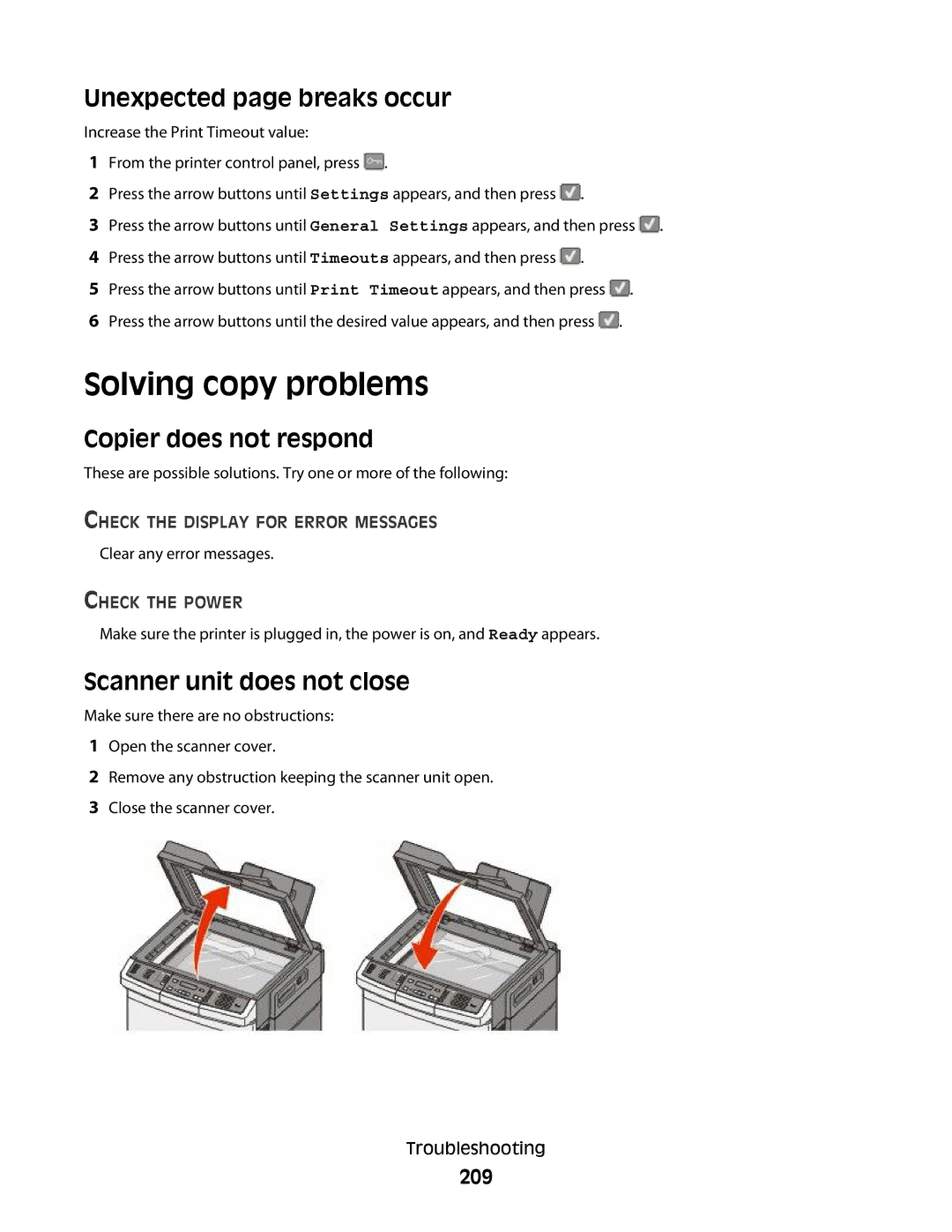 Lexmark 386 Solving copy problems, Unexpected page breaks occur, Copier does not respond, Scanner unit does not close, 209 