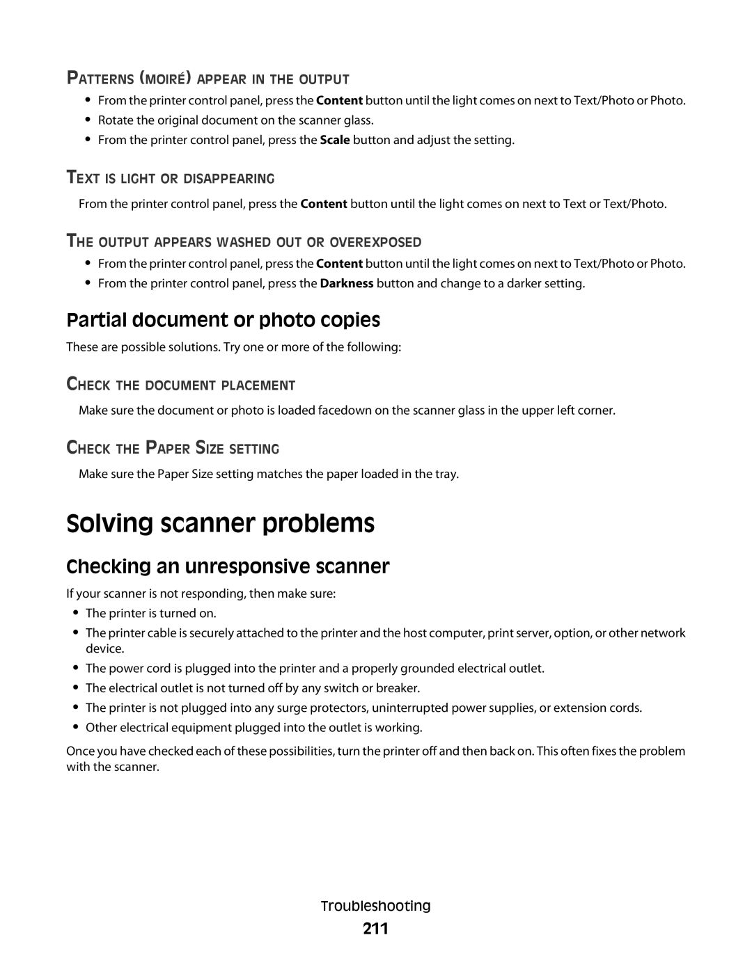 Lexmark 382, 387, 386, 383 Solving scanner problems, Partial document or photo copies, Checking an unresponsive scanner, 211 