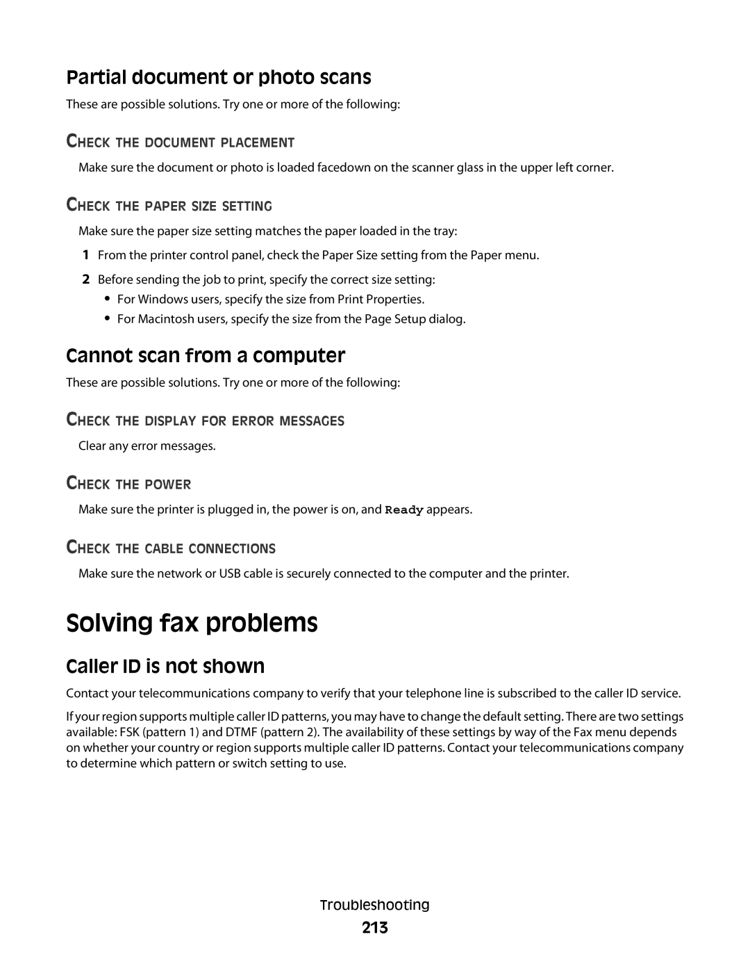 Lexmark 352 Solving fax problems, Partial document or photo scans, Cannot scan from a computer, Caller ID is not shown 