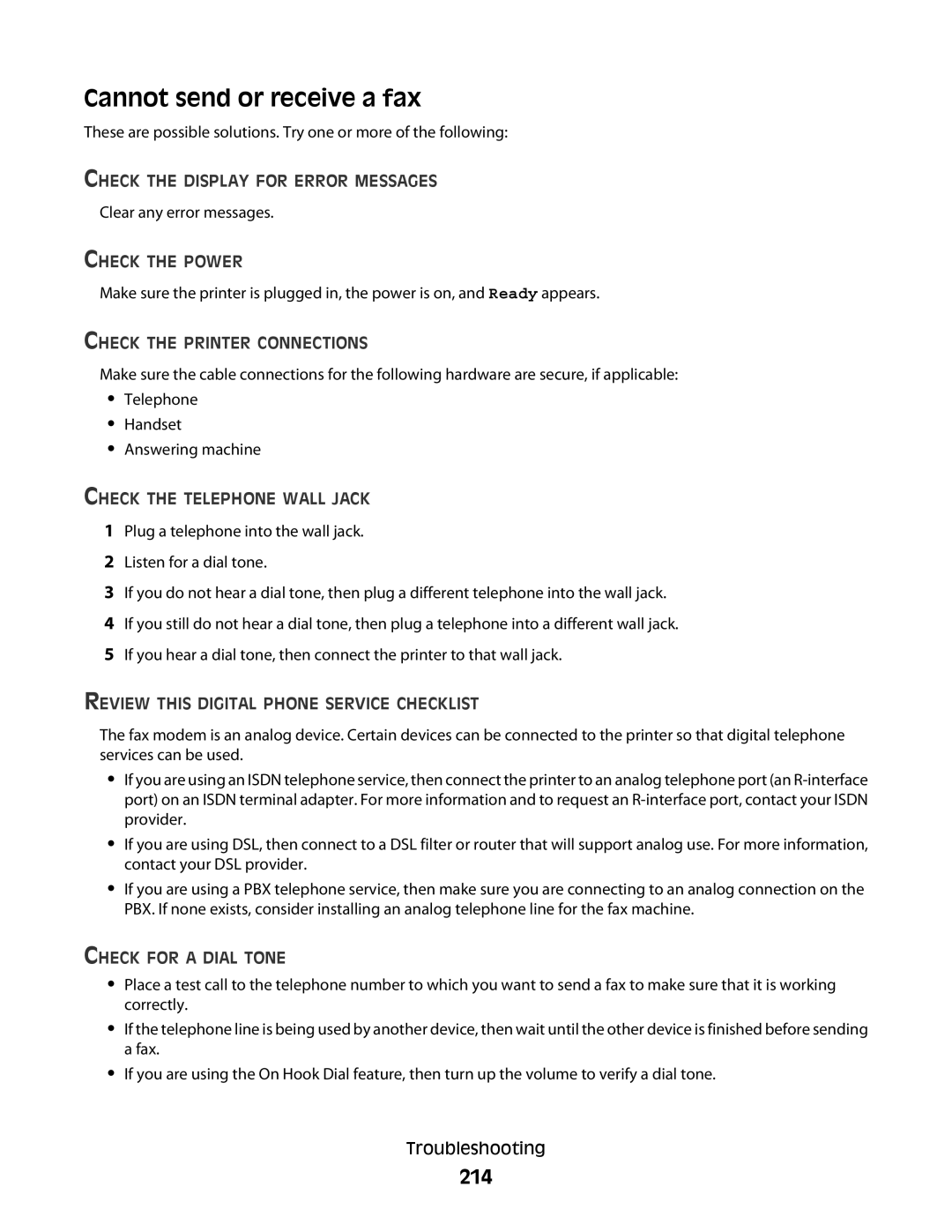 Lexmark 332, 387, 386, 383, 382, 356, 352, 336, 333, 337, 133, 138, 131 manual Cannot send or receive a fax, 214 