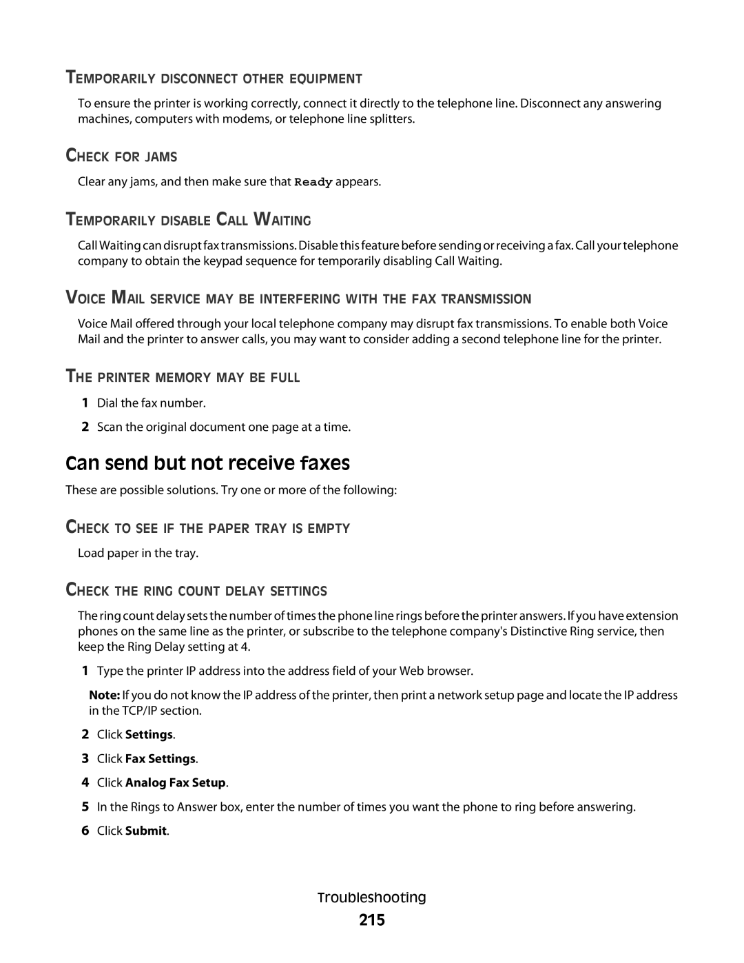 Lexmark 336, 387, 386, 383, 382, 356, 352, 332, 333, 337, 133, 138, 131 manual Can send but not receive faxes, 215 