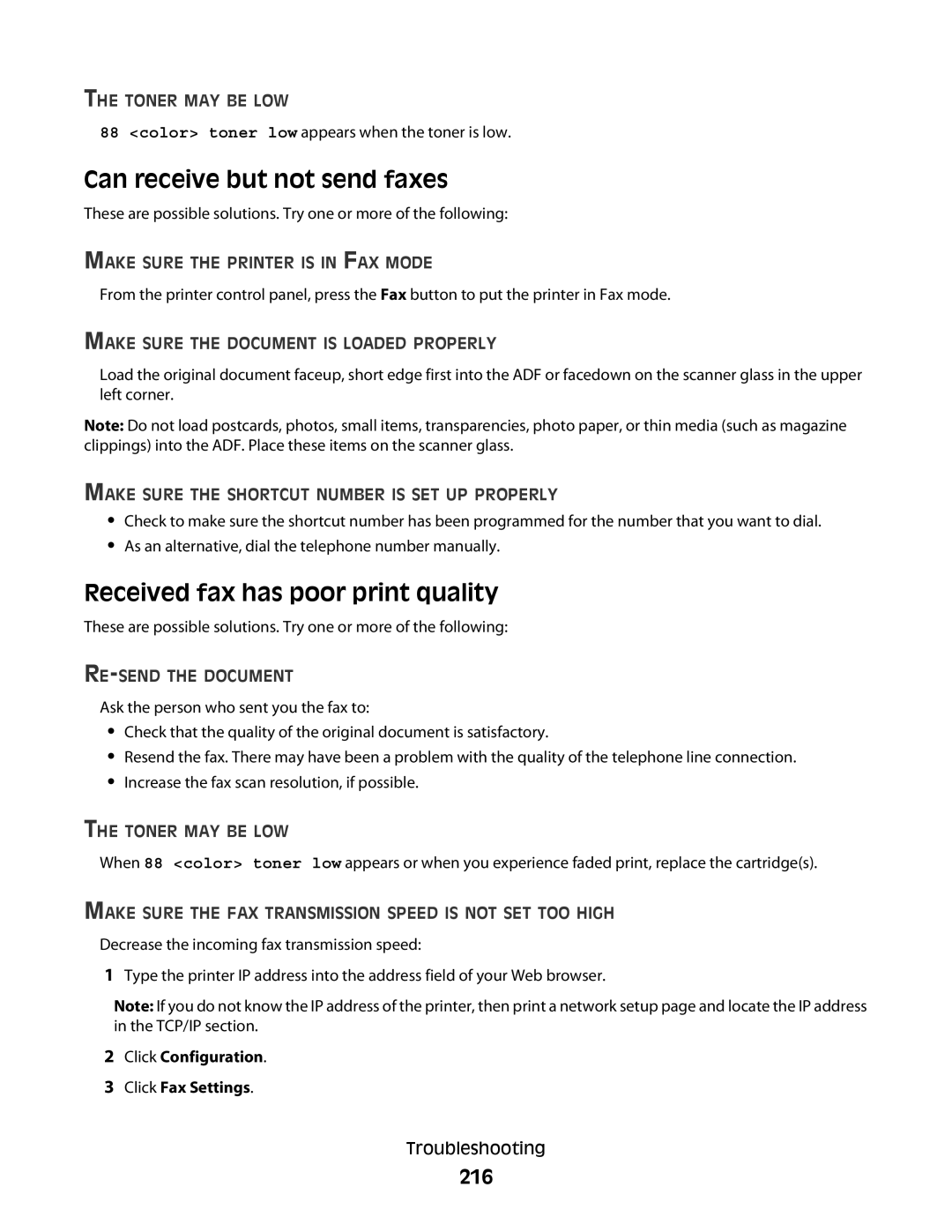 Lexmark 333, 387, 386, 383, 382, 356, 352, 332, 336, 337 Can receive but not send faxes, Received fax has poor print quality, 216 