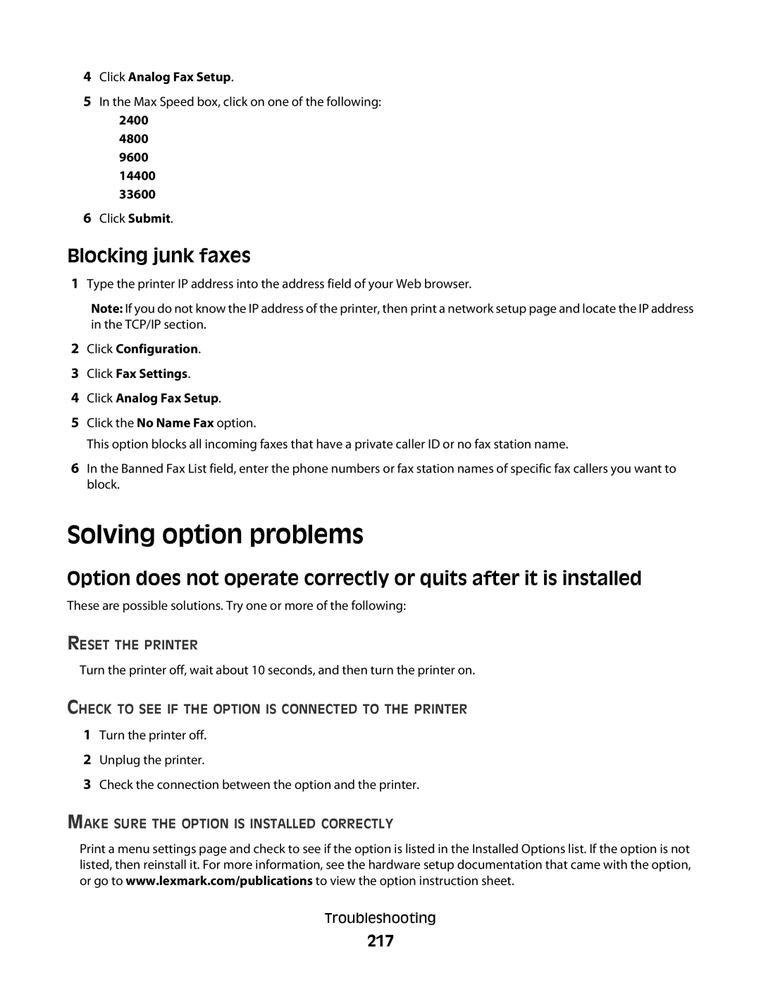 Lexmark 337, 387, 386, 383, 382, 356, 352, 332, 336, 333, 133, 138, 131 manual Solving option problems, Blocking junk faxes, 217 