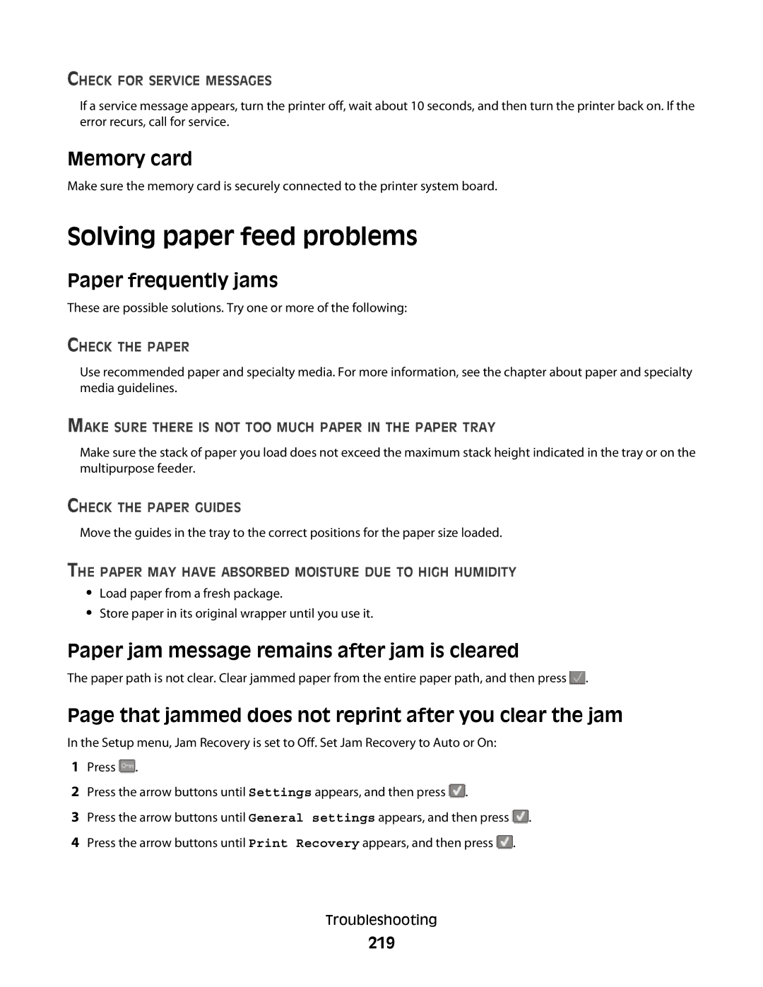 Lexmark 138, 387, 386, 383, 382, 356, 352, 332, 336, 333, 337, 133 Solving paper feed problems, Memory card, Paper frequently jams 