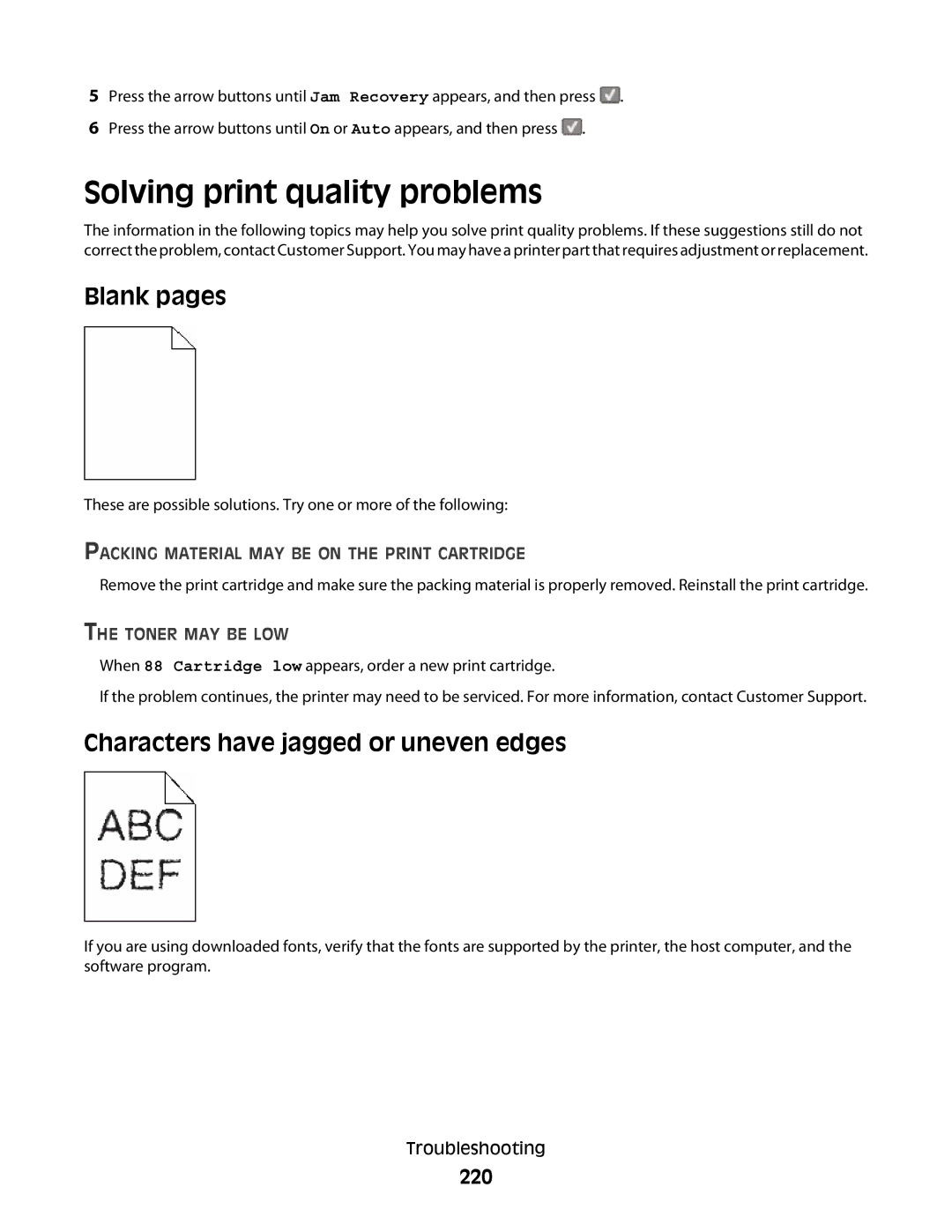 Lexmark 131, 387, 386, 383, 382, 356 Solving print quality problems, Blank pages, Characters have jagged or uneven edges, 220 