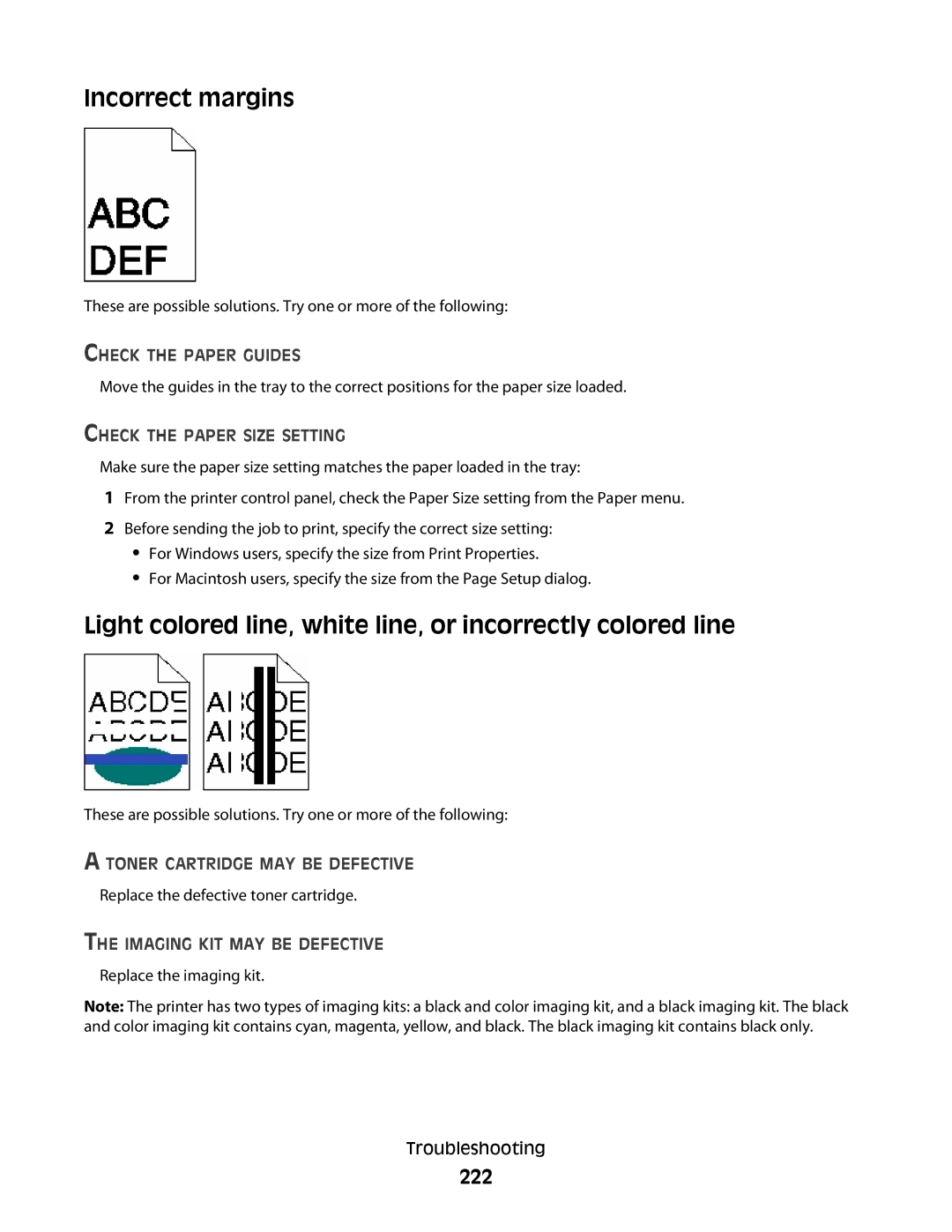 Lexmark 386, 387, 383, 382, 356, 352, 332 Incorrect margins, Light colored line, white line, or incorrectly colored line, 222 