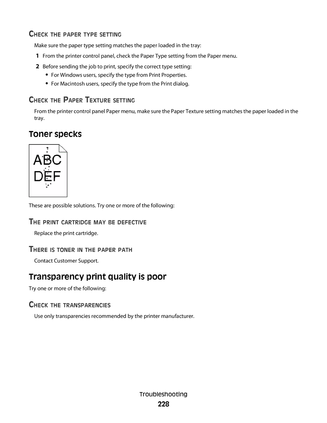 Lexmark 336, 387, 386, 383, 382, 356, 352, 332, 333, 337, 133, 138, 131 manual Toner specks, Transparency print quality is poor, 228 