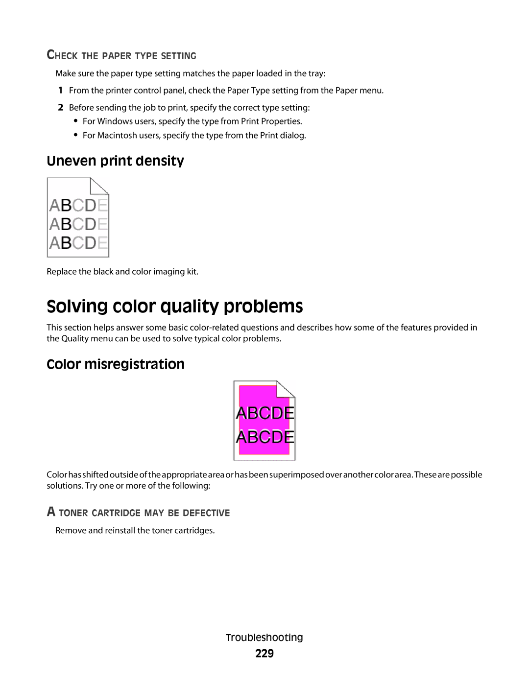 Lexmark 333, 387, 386, 383, 382, 356, 352, 332 Solving color quality problems, Uneven print density, Color misregistration, 229 