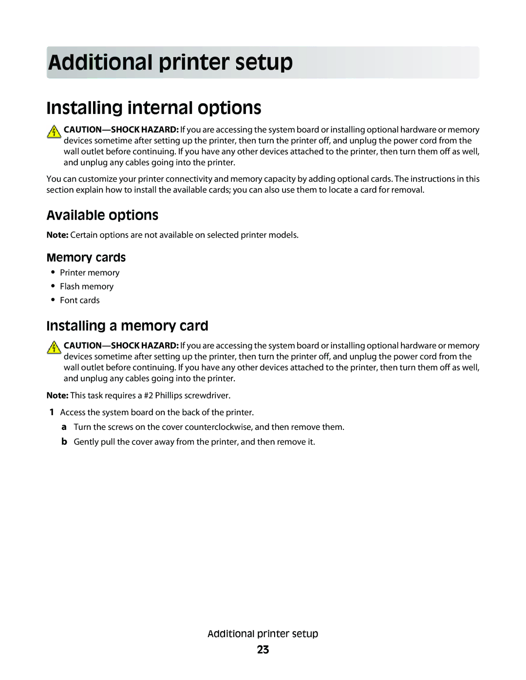 Lexmark 133, 387, 386 Additional printer setup, Installing internal options, Available options, Installing a memory card 