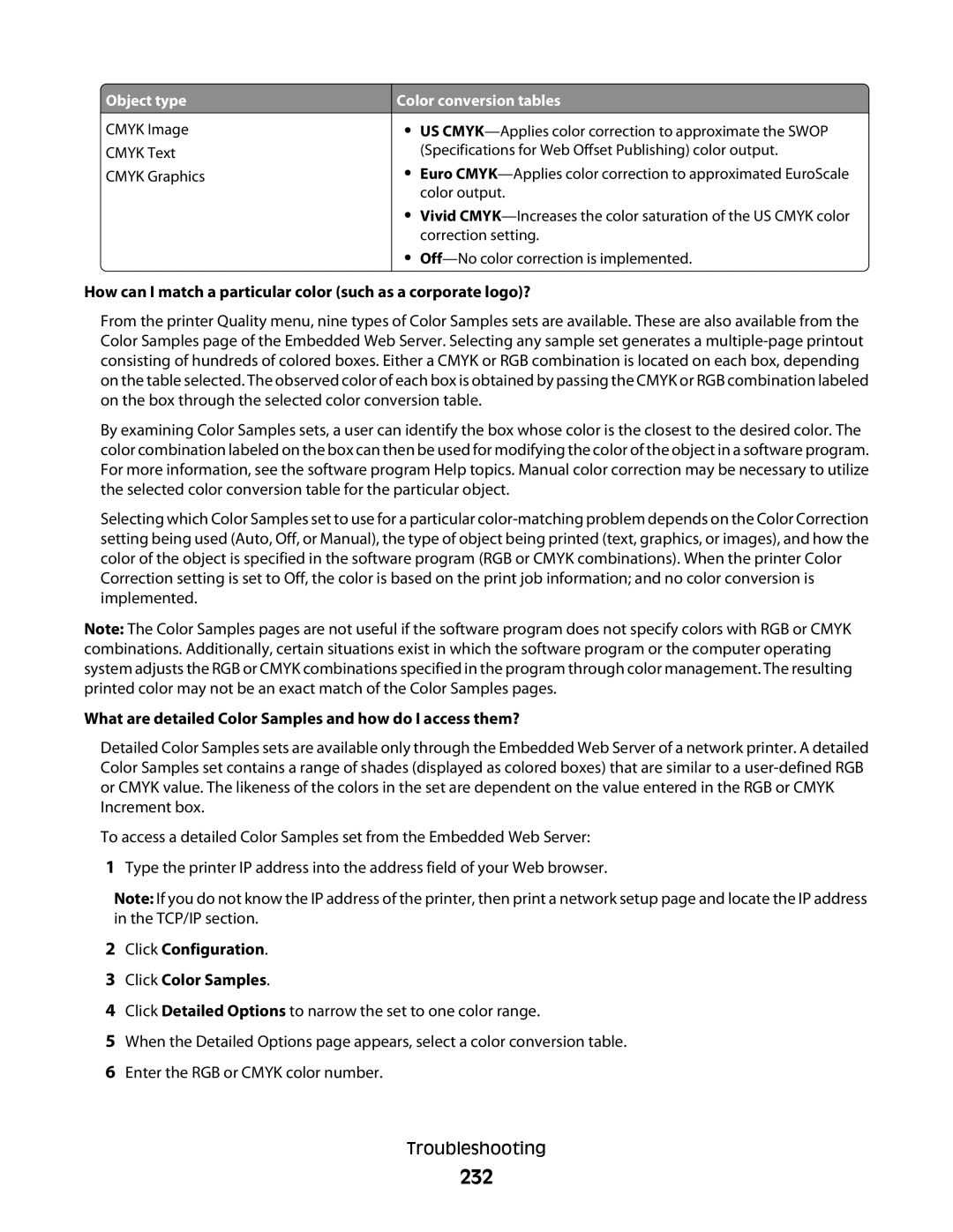 Lexmark 138, 387, 386, 383, 382, 356, 352, 332, 336, 333, 337, 133 232, What are detailed Color Samples and how do I access them? 