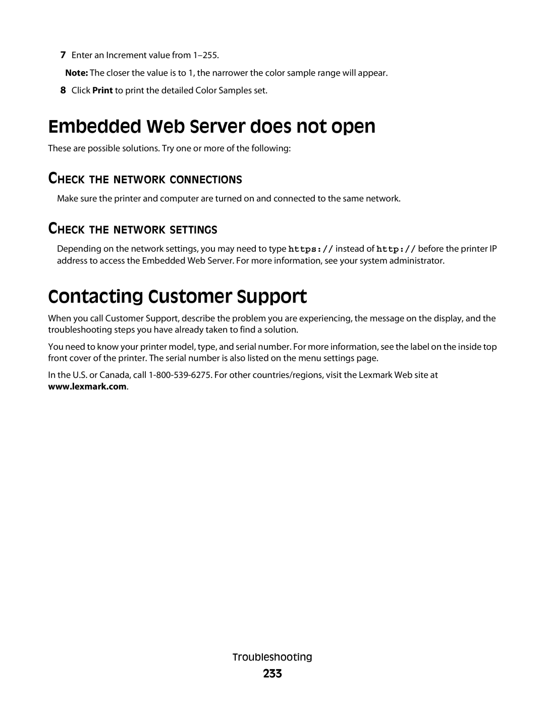 Lexmark 131, 387, 386, 383, 382, 356, 352, 332, 336, 333, 337 Embedded Web Server does not open, Contacting Customer Support, 233 