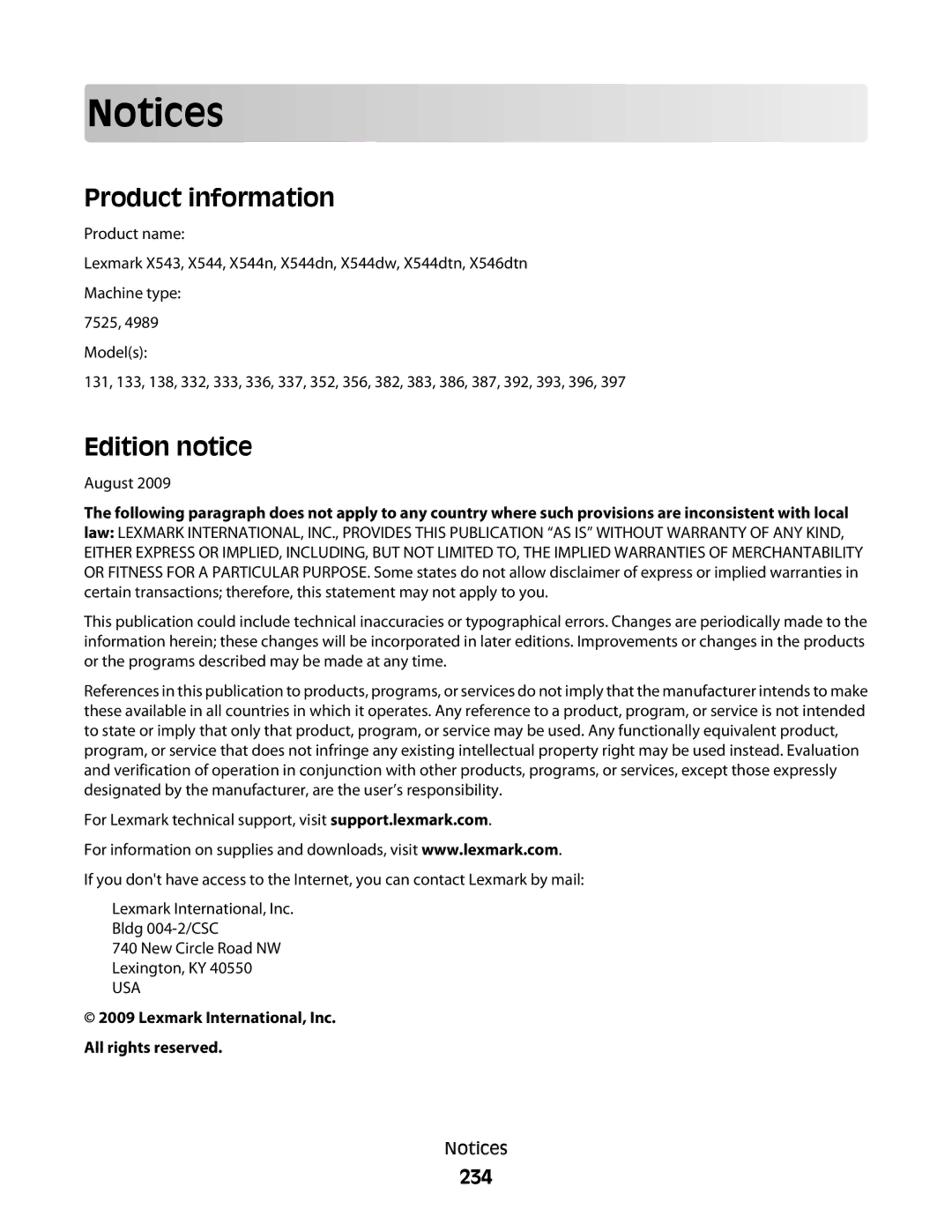 Lexmark 387, 386, 383, 382, 356, 352, 332, 336, 333, 337, 133, 138, 131 manual Product information, Edition notice, 234 