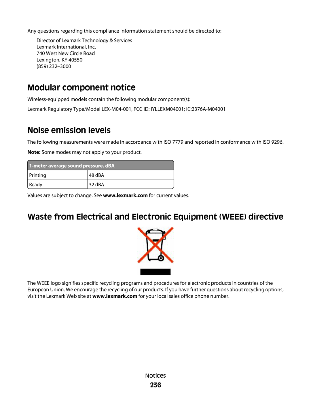 Lexmark 383, 387, 386, 382, 356, 352 Modular component notice, Noise emission levels, 236, Meter average sound pressure, dBA 