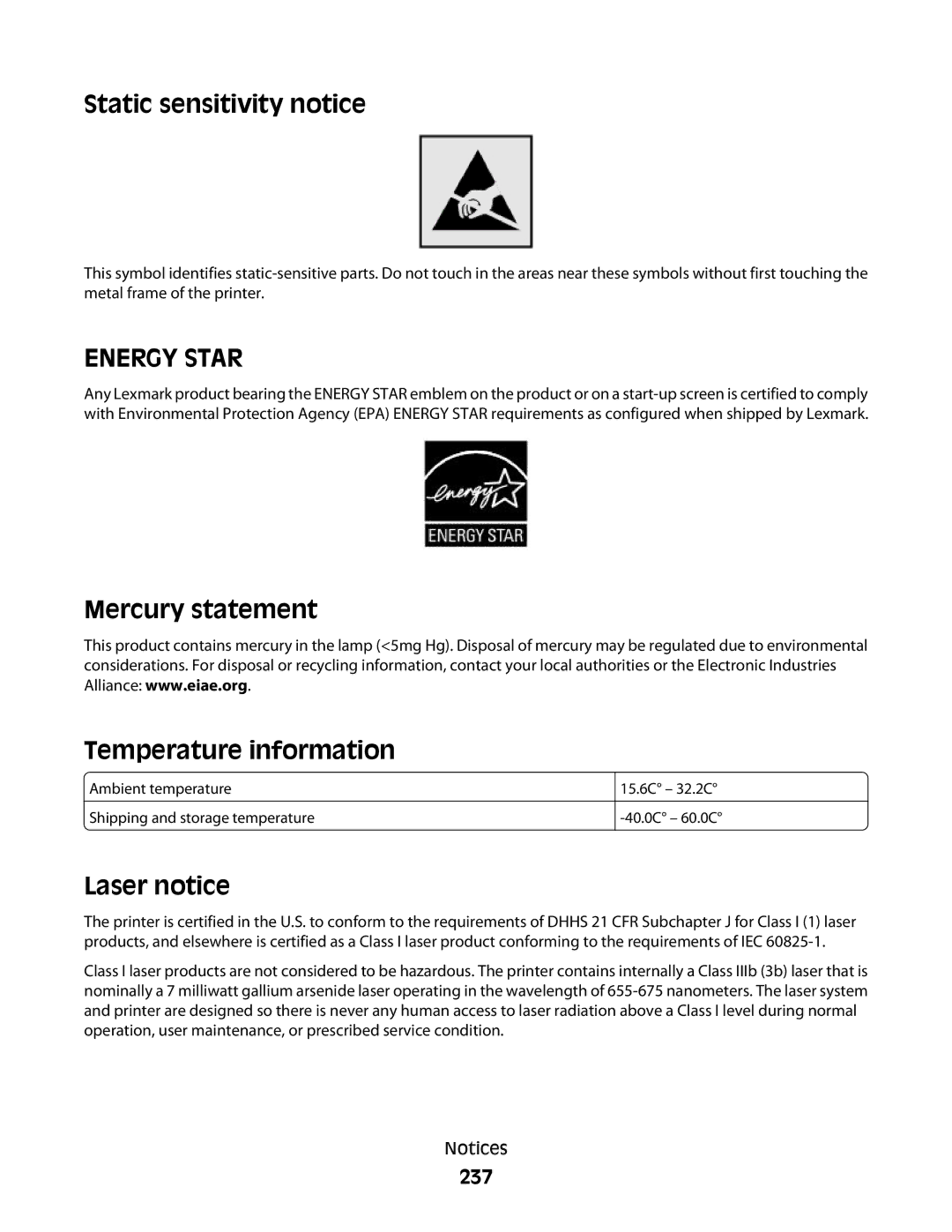 Lexmark 382, 387, 386, 383, 356, 352 Static sensitivity notice, Mercury statement Temperature information, Laser notice, 237 