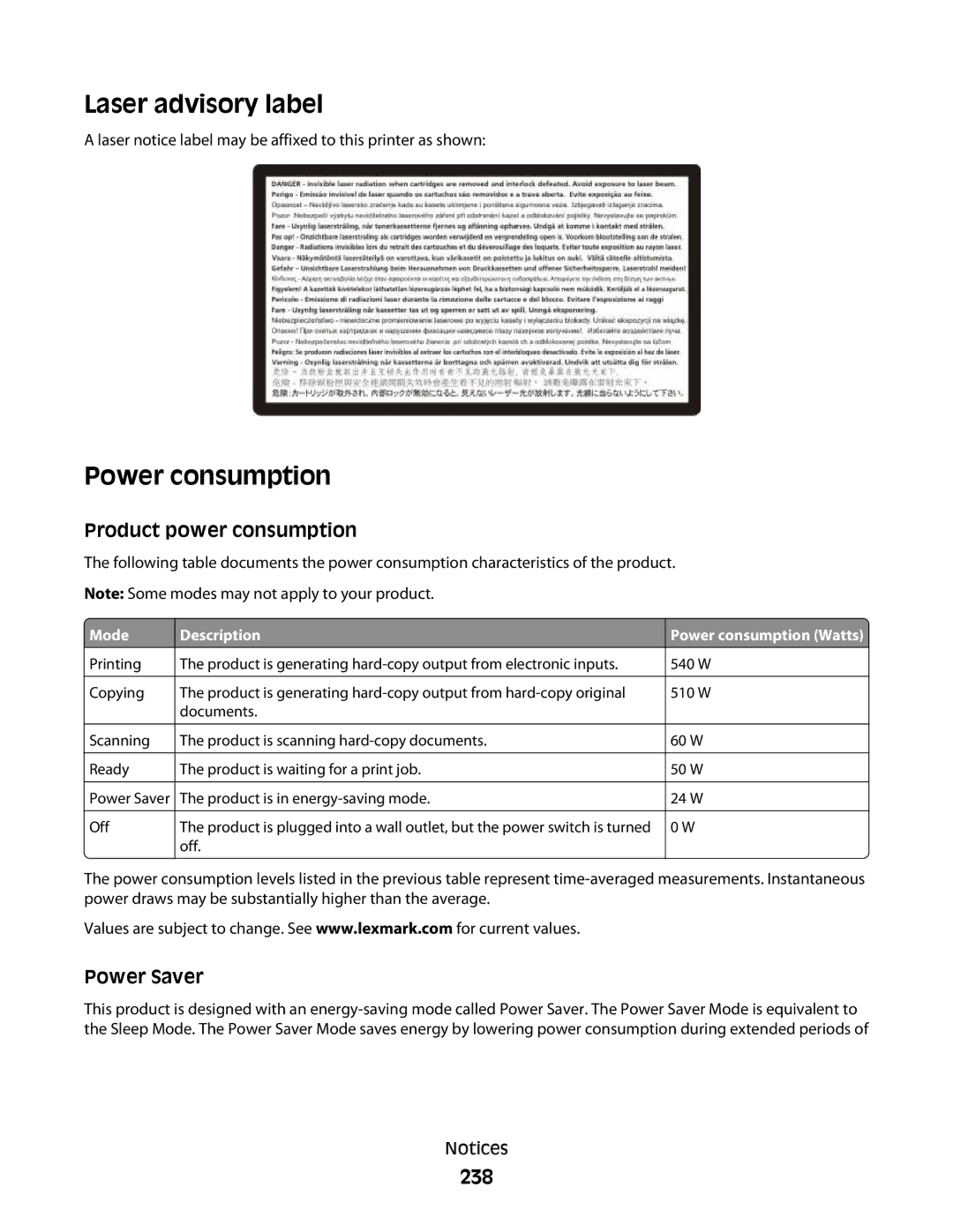 Lexmark 356, 387, 386, 383, 382, 352, 332 Laser advisory label, Power consumption, 238, Product power consumption, Power Saver 