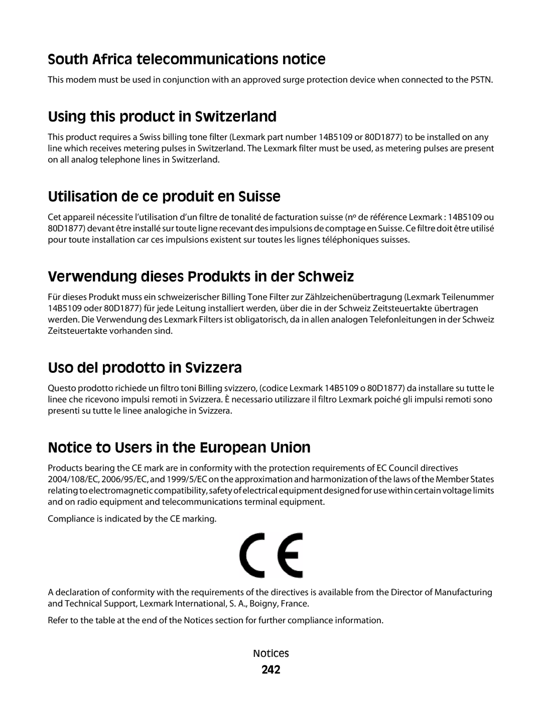 Lexmark 333 South Africa telecommunications notice, Using this product in Switzerland, Utilisation de ce produit en Suisse 