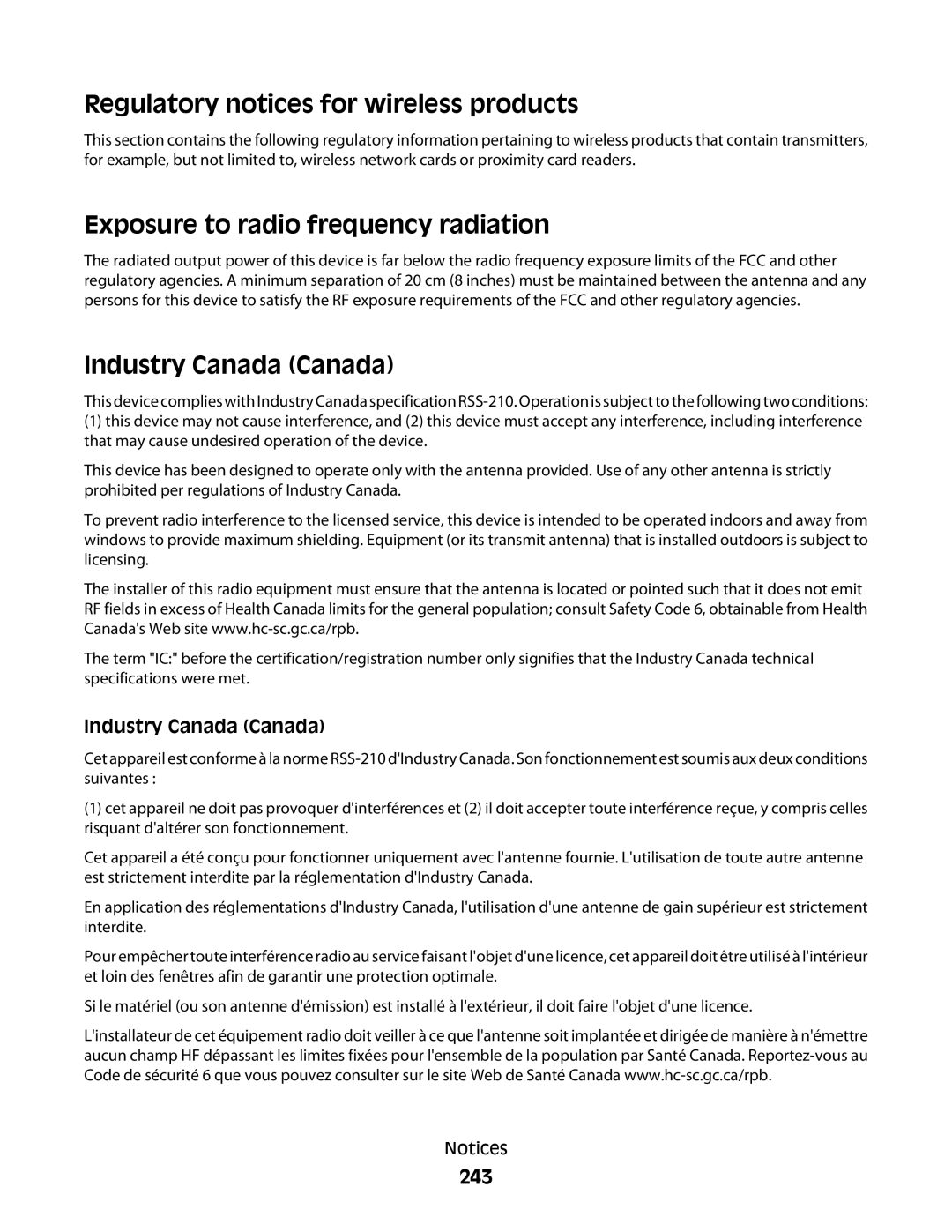 Lexmark 337 Regulatory notices for wireless products, Exposure to radio frequency radiation, Industry Canada Canada, 243 