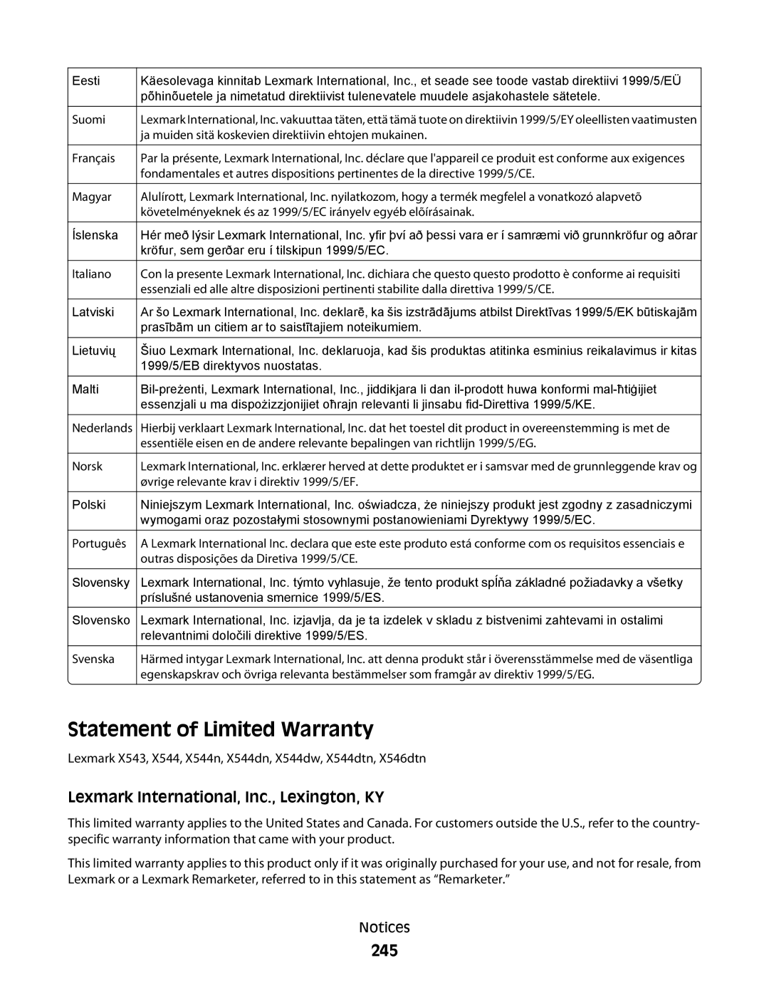 Lexmark 138, 387, 386, 383, 382, 356, 352, 332 Statement of Limited Warranty, 245, Lexmark International, Inc., Lexington, KY 