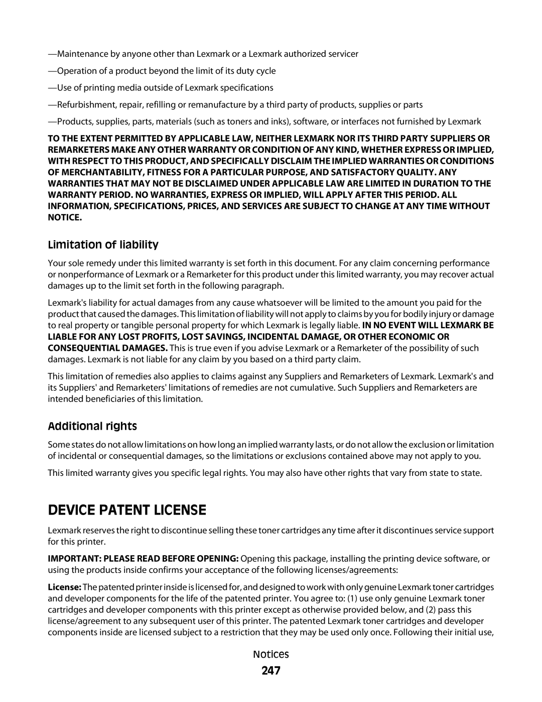 Lexmark 387, 386, 383, 382, 356, 352, 332, 336, 333, 337, 133, 138, 131 manual 247, Limitation of liability, Additional rights 