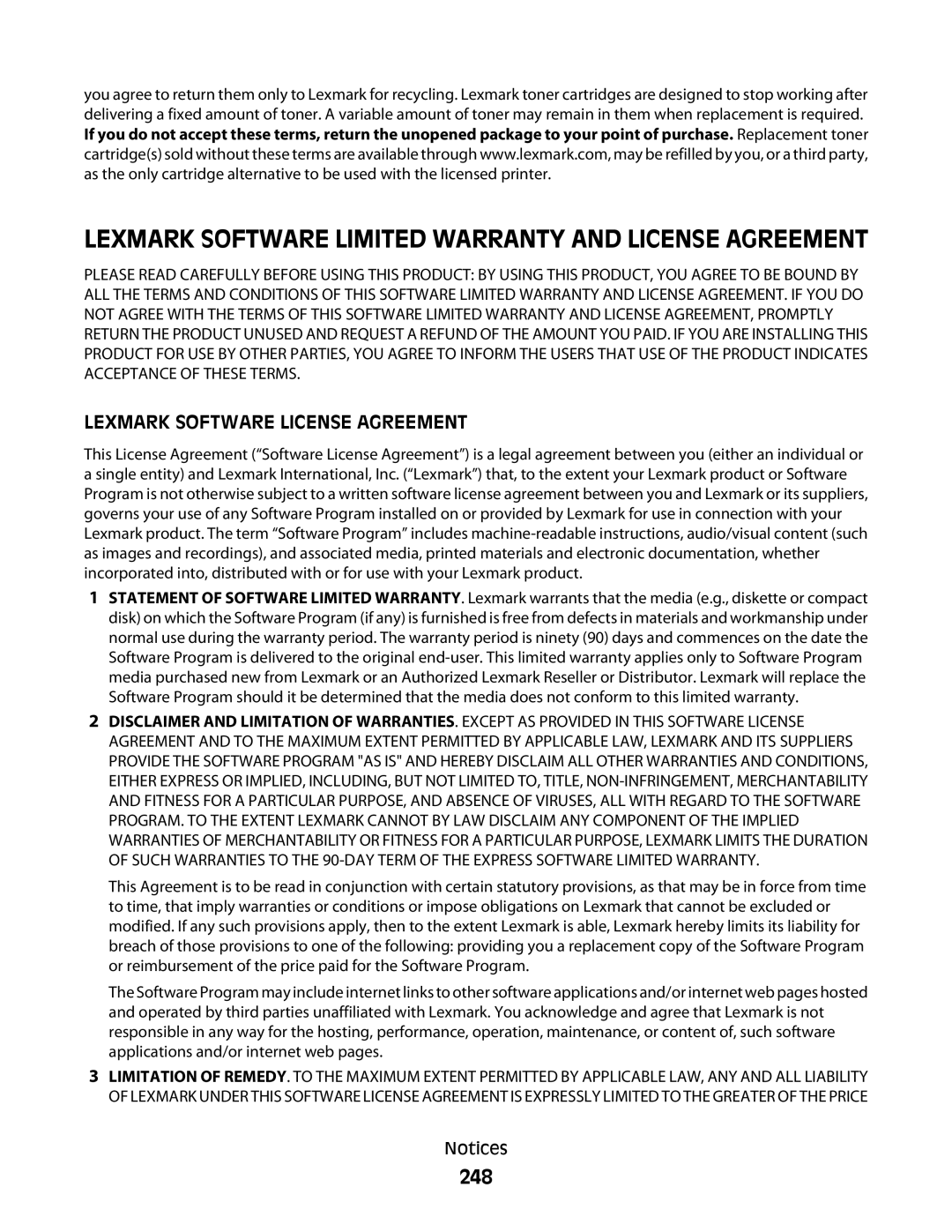 Lexmark 386, 387, 383, 382, 356, 352, 332, 336, 333, 337, 133, 138, 131 Lexmark Software Limited Warranty and License Agreement, 248 