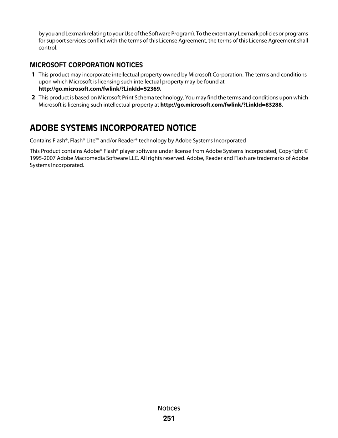 Lexmark 356, 387, 386, 383, 382, 352, 332, 336, 333, 337, 133, 138, 131 manual Adobe Systems Incorporated Notice, 251 