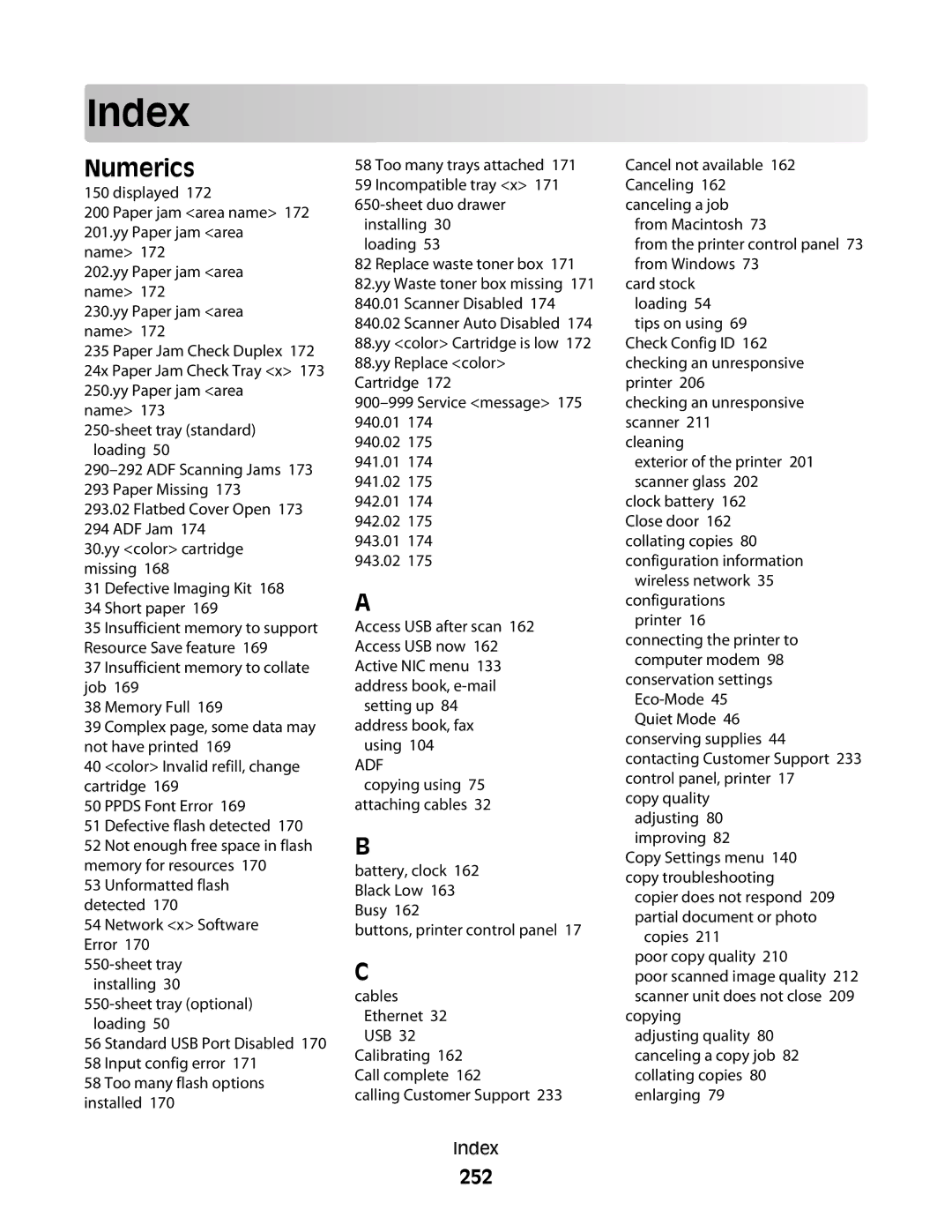 Lexmark 352, 387, 386, 383, 382, 356, 332, 336, 333, 337, 133, 138, 131 manual Index, Numerics, 252 