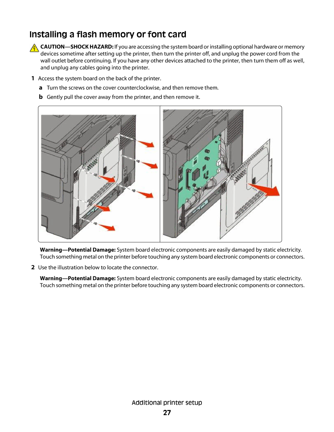 Lexmark 386, 387, 383, 382, 356, 352, 332, 336, 333, 337, 133, 138, 131 manual Installing a flash memory or font card 