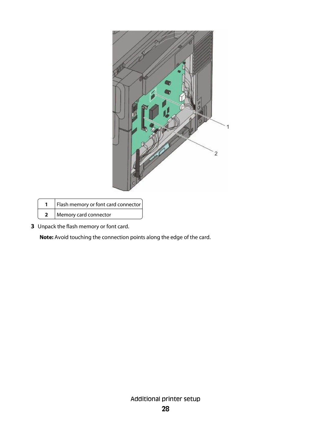 Lexmark 383, 387, 386, 382, 356, 352, 332, 336, 333, 337, 133, 138, 131 manual Unpack the flash memory or font card 