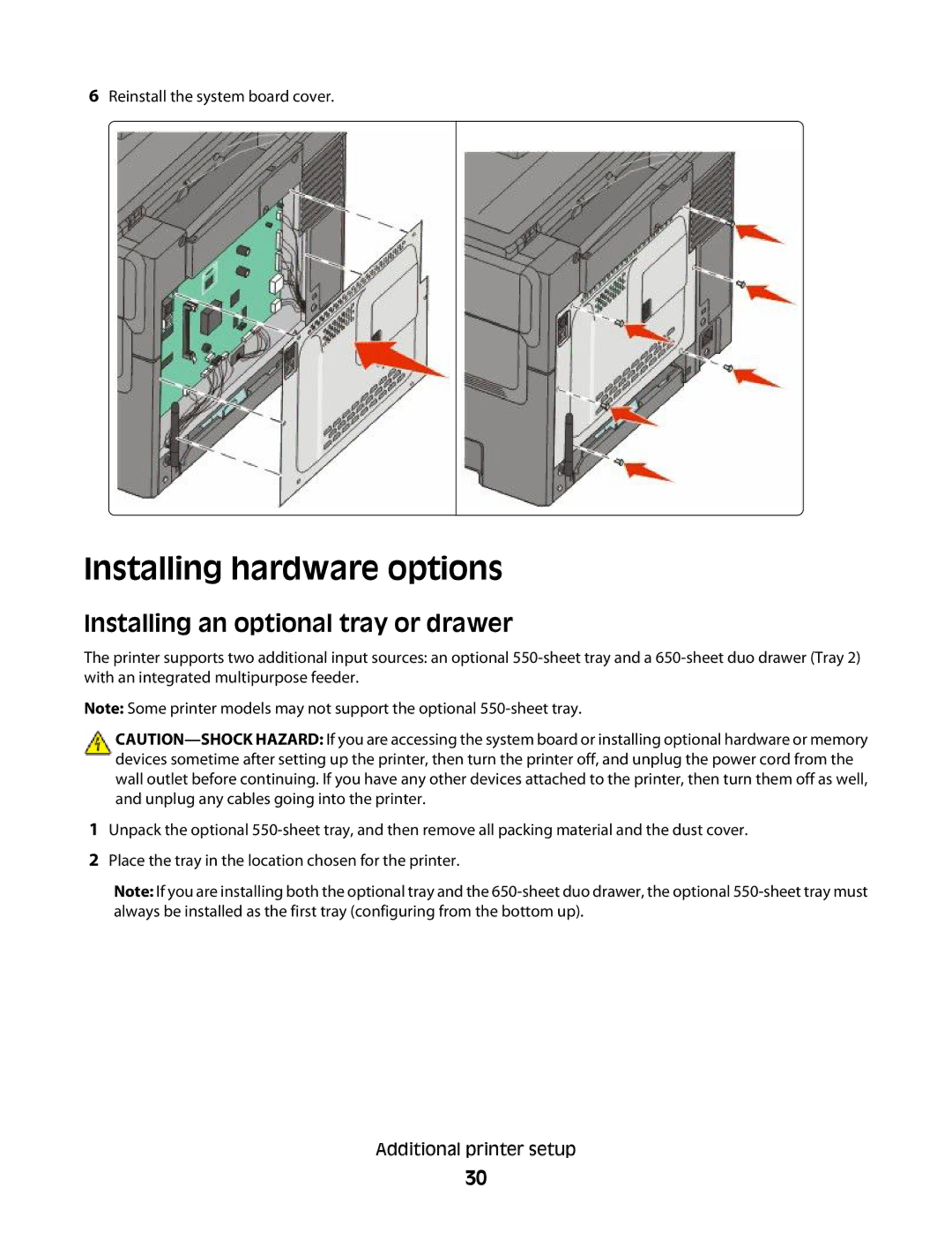 Lexmark 356, 387, 386, 383, 382, 352, 332, 336, 333, 337, 133 Installing hardware options, Installing an optional tray or drawer 