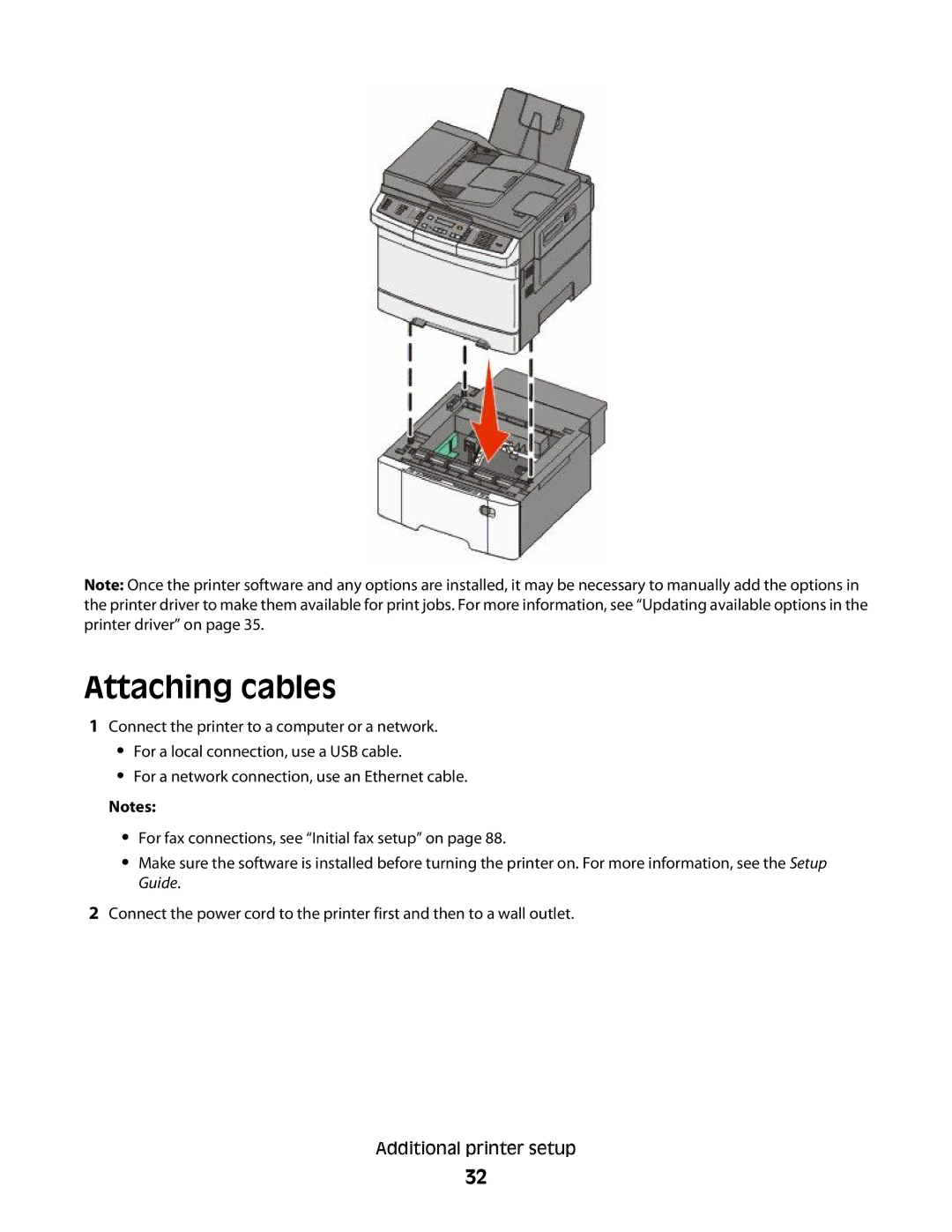 Lexmark 332, 387, 386, 383, 382, 356, 352, 336, 333, 337, 133, 138, 131 manual Attaching cables 