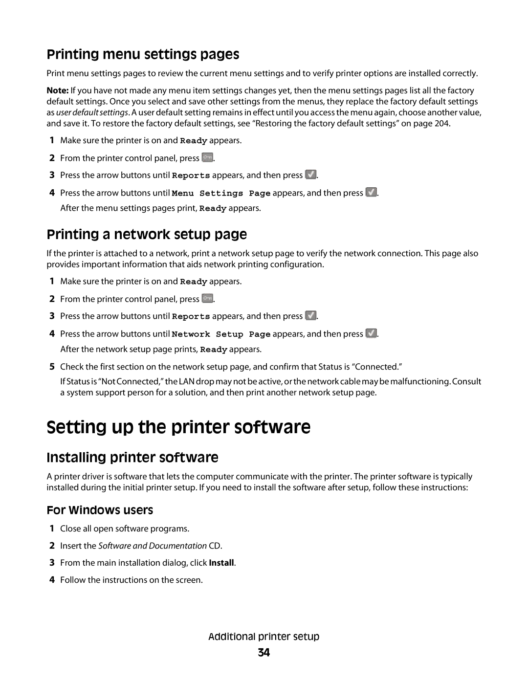 Lexmark 333 Setting up the printer software, Printing menu settings pages, Printing a network setup, For Windows users 