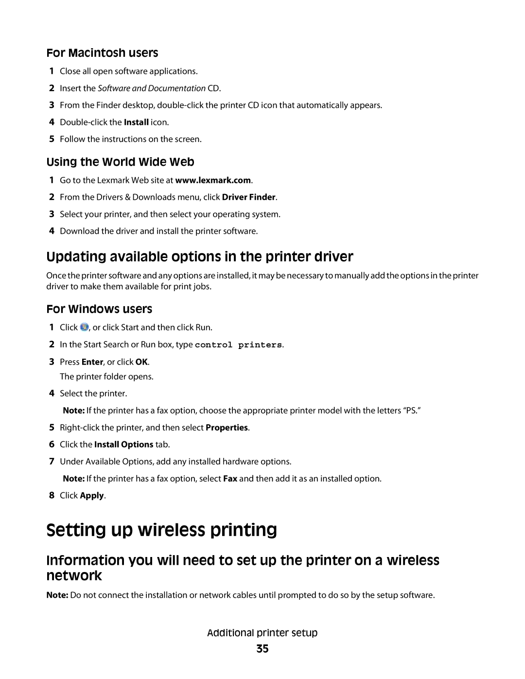 Lexmark 337, 387, 386 Setting up wireless printing, Updating available options in the printer driver, For Macintosh users 