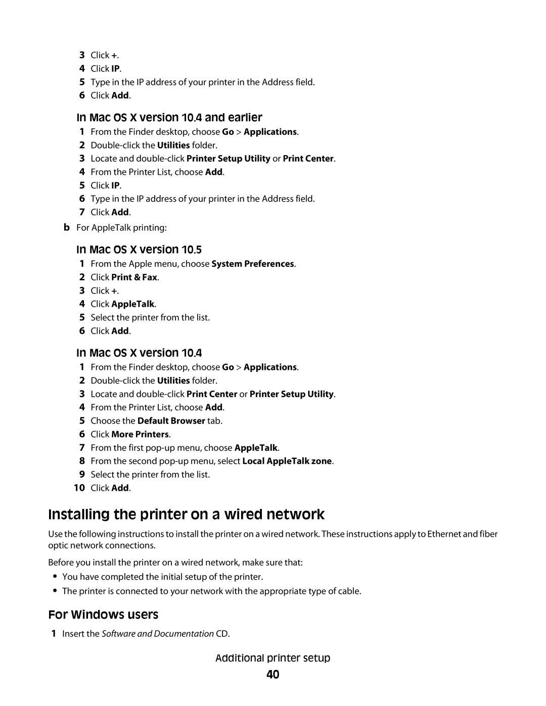 Lexmark 386, 387, 383, 382, 356, 352, 332, 336, 333, 337, 133, 138, 131 Installing the printer on a wired network, Mac OS X version 