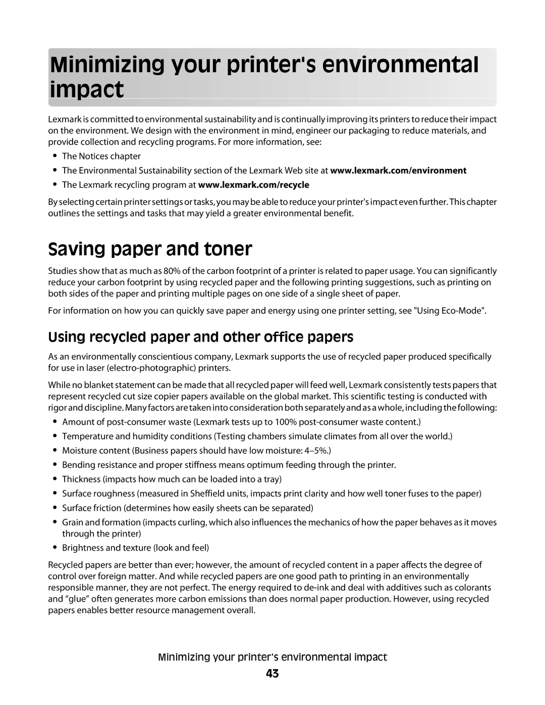 Lexmark 356, 387, 386, 383, 382, 352, 332, 336, 333, 337, 133 Minimizing your printers environmental impact, Saving paper and toner 