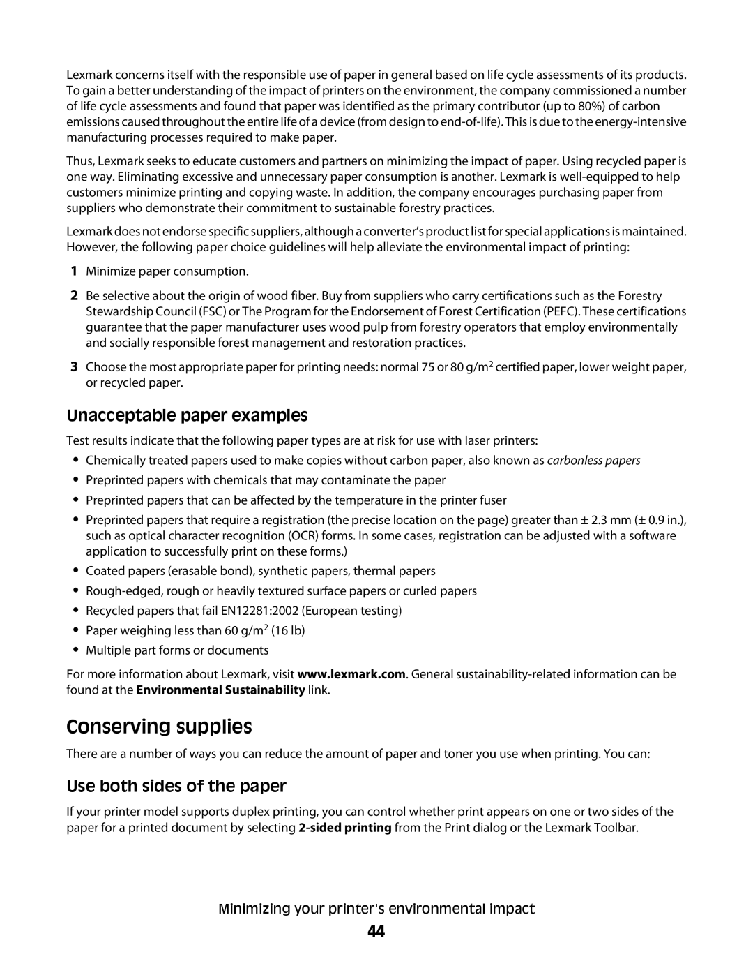 Lexmark 352, 387, 386, 383, 382, 356, 332, 336, 333 Conserving supplies, Unacceptable paper examples, Use both sides of the paper 