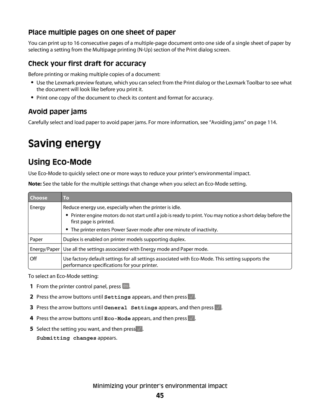 Lexmark 332 Saving energy, Using Eco-Mode, Place multiple pages on one sheet of paper, Check your first draft for accuracy 