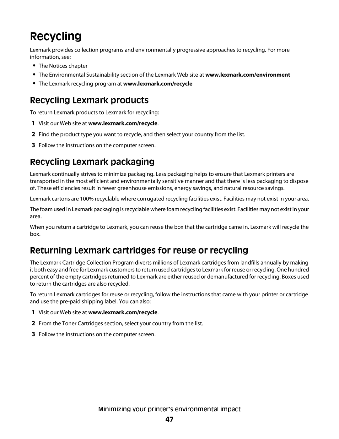 Lexmark 333, 387, 386, 383, 382, 356, 352, 332, 336, 337, 133, 138, 131 Recycling Lexmark products, Recycling Lexmark packaging 