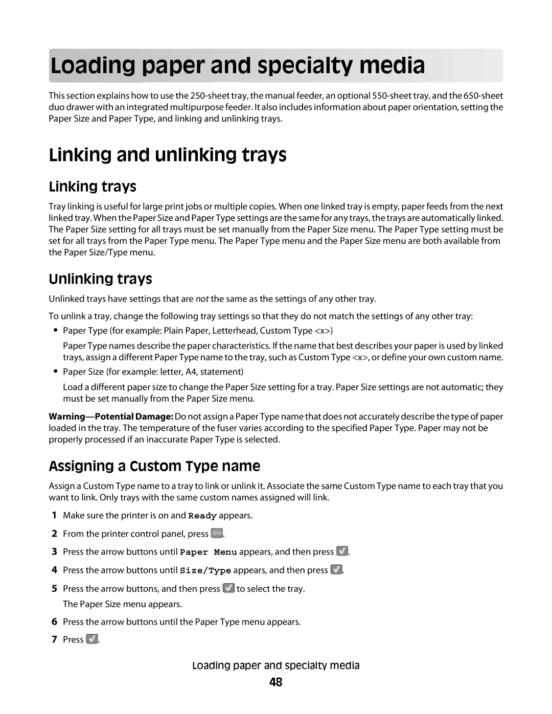 Lexmark 337, 387, 386, 383 Loading paper and specialty media, Linking and unlinking trays, Linking trays, Unlinking trays 