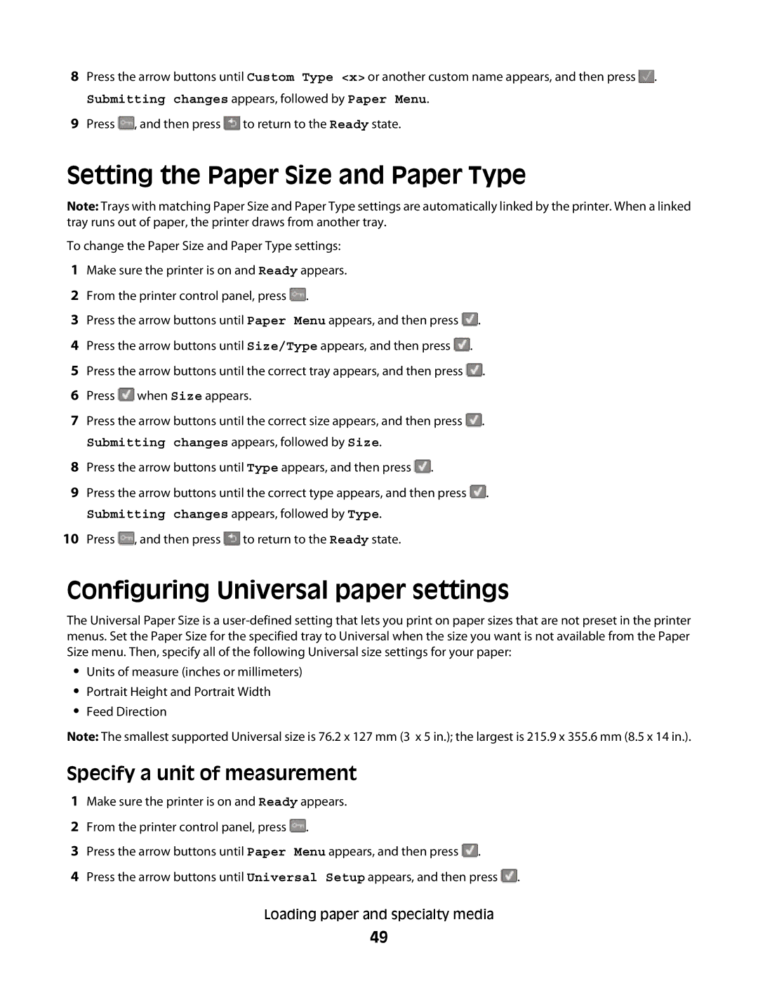 Lexmark 133 Setting the Paper Size and Paper Type, Configuring Universal paper settings, Specify a unit of measurement 