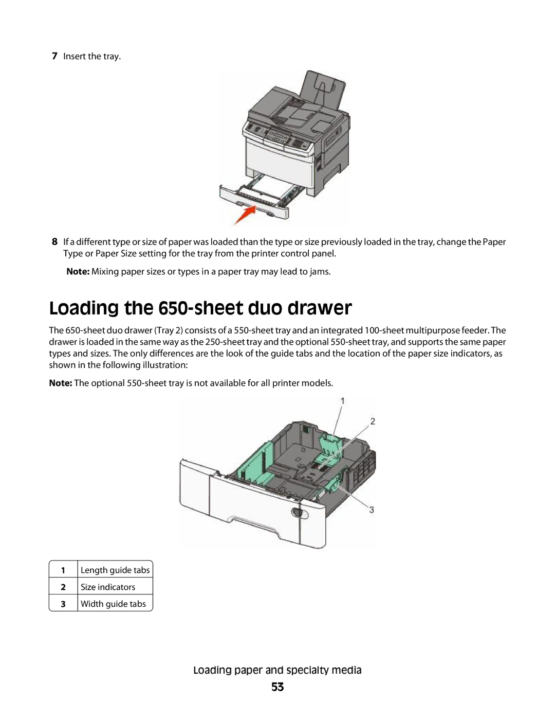 Lexmark 386, 387, 383, 382, 356, 352, 332, 336, 333, 337, 133, 138, 131 manual Loading the 650-sheet duo drawer 