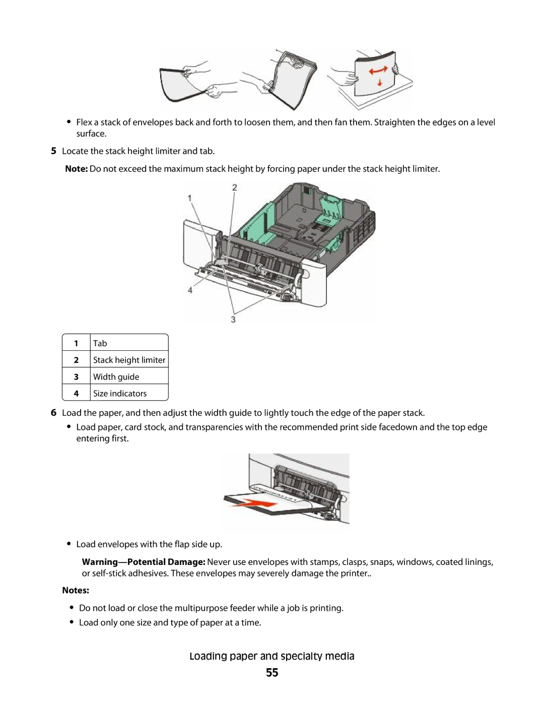 Lexmark 382, 387, 386, 383, 356, 352, 332, 336, 333, 337, 133, 138, 131 manual Tab Stack height limiter Width guide Size indicators 