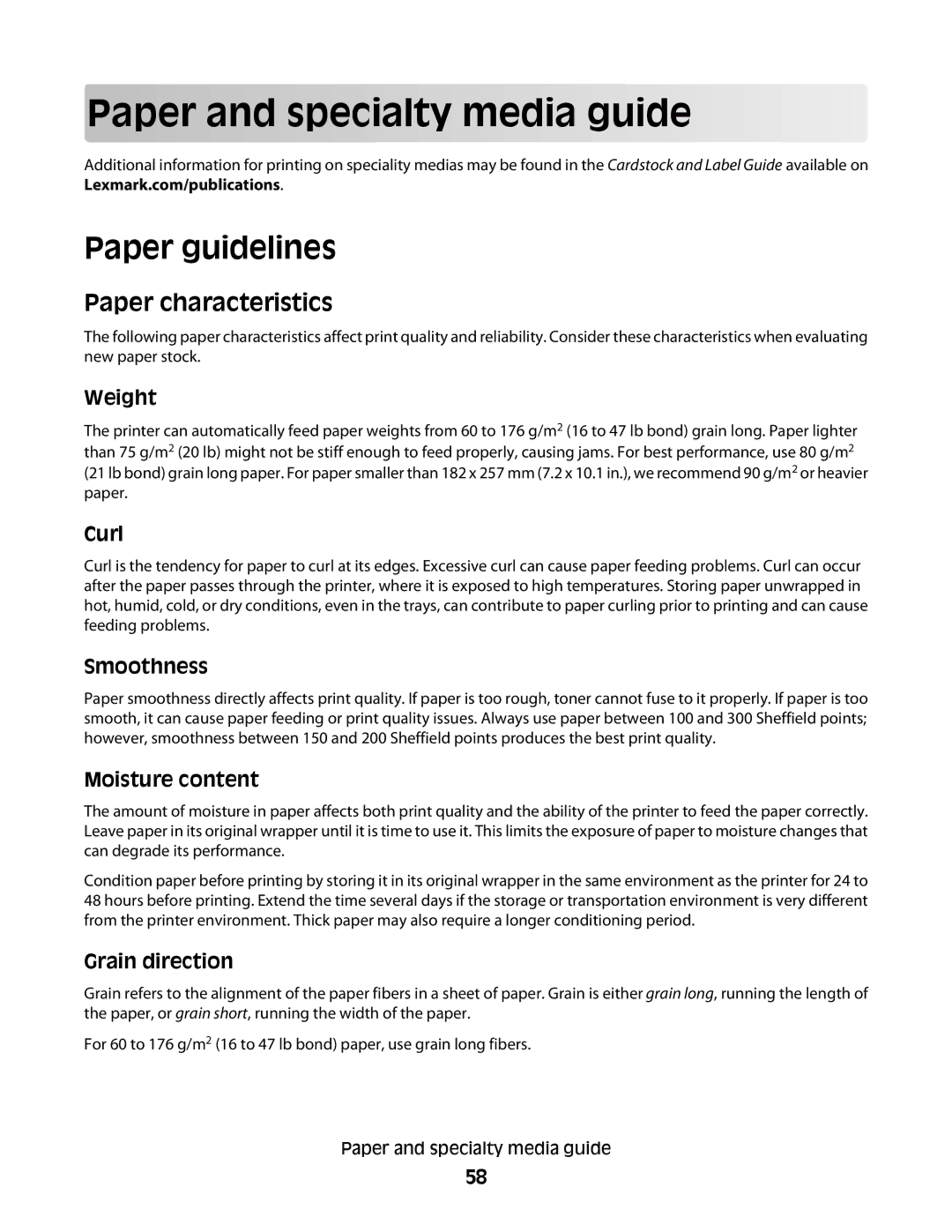 Lexmark 332, 387, 386, 383, 382, 356, 352, 336, 333, 337 Paper and specialty media guide, Paper guidelines, Paper characteristics 