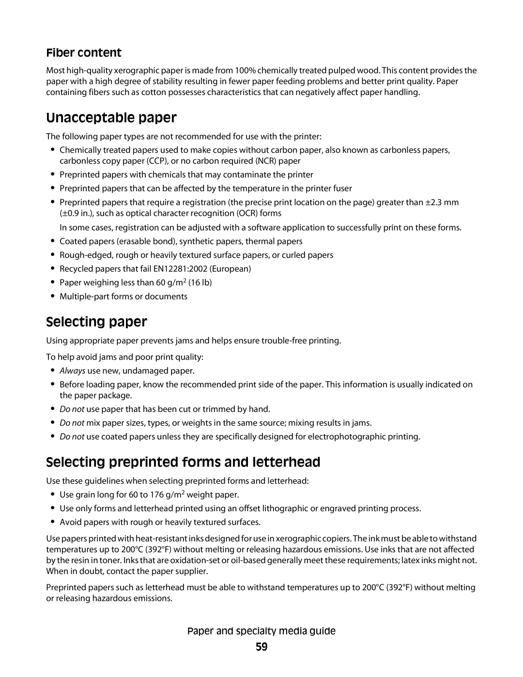 Lexmark 336, 387, 386, 383, 382 Unacceptable paper, Selecting paper, Selecting preprinted forms and letterhead, Fiber content 