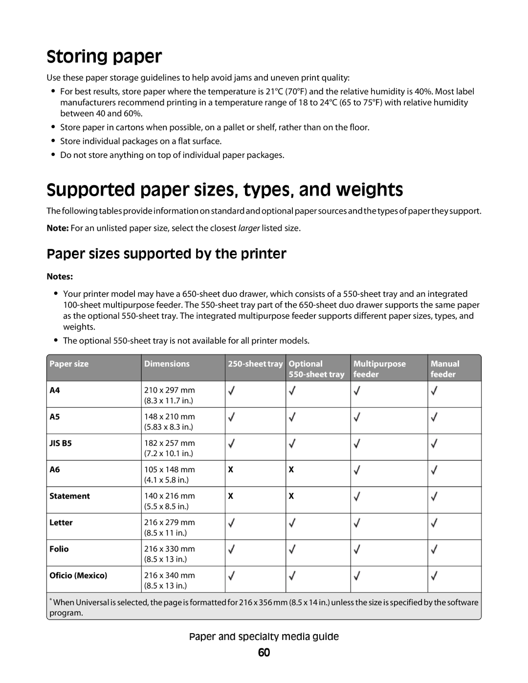 Lexmark 333, 387, 386, 383 Storing paper, Supported paper sizes, types, and weights, Paper sizes supported by the printer 