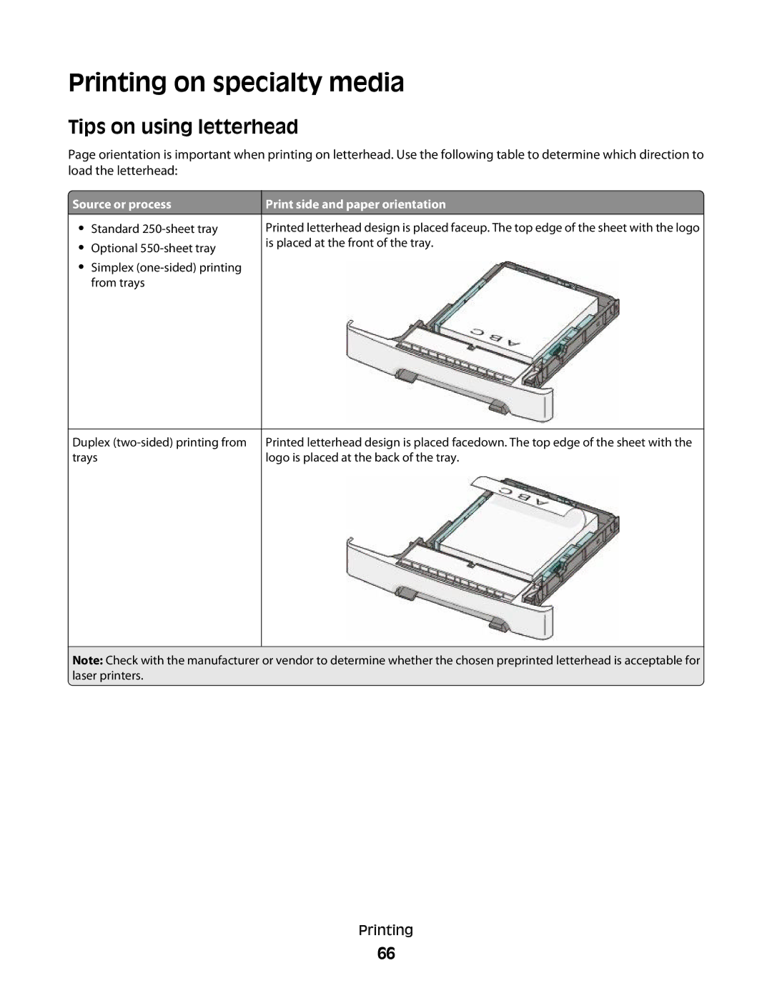 Lexmark 386 Printing on specialty media, Tips on using letterhead, Source or process, Print side and paper orientation 