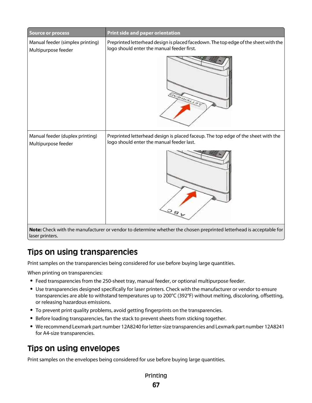 Lexmark 383, 387, 386, 382, 356, 352, 332, 336, 333, 337, 133, 138, 131 manual Tips on using transparencies, Tips on using envelopes 